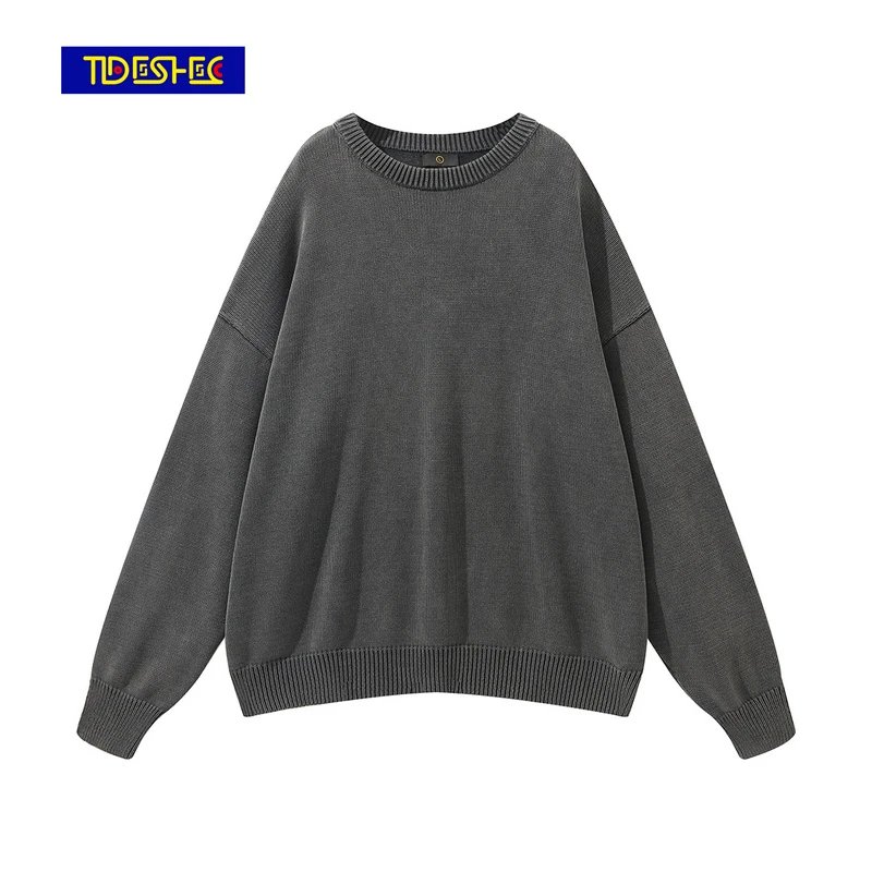

TIDESHEC Washed Knitted Sweater Hip Hop Streetwear Grey Pullover 2021 Men Harajuku Cotton Casual Sweater Autumn Knitsweater