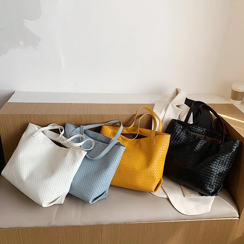 

PU Weave Shoulder Bag Solid Color Multifunction Shopping Travel Women Top-handle Bag Casual High Capacity All-match Commuter Bag