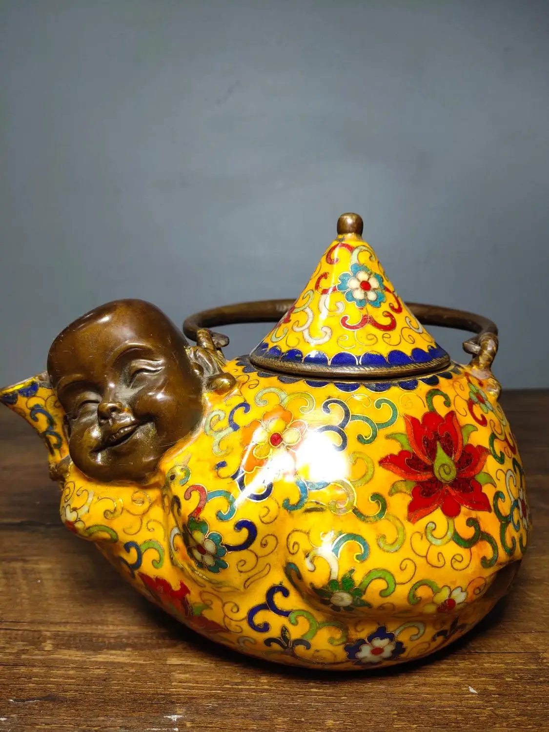 

Home Decor 9"Tibet Buddhism Temple Old Bronze Cloisonne Enamel Sleeping Novice Tiliang Golden Boy Flagon kettle teapot