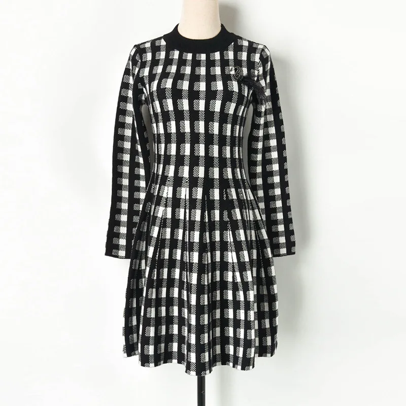 Женское винтажное платье-свитер в клетку плиссированное трикотажное