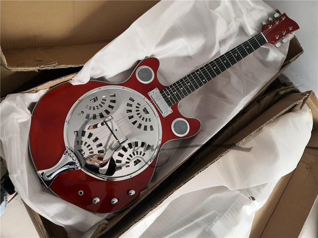 

Бесплатная доставка под заказ 6-струнная гитара, красный корпус, полуполая гитара, трехконусная гитара Reso, корпус из нержавеющей стали, Клен...