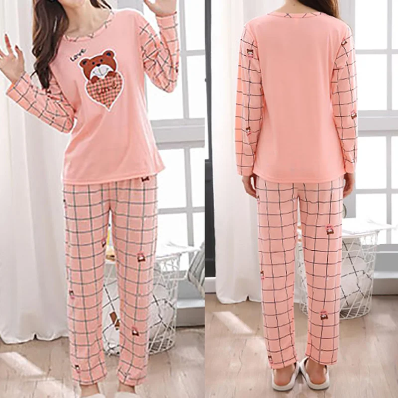 

Hot Women Pajamas Sets Cartoon Heart Bear Long Sleeve Homewear Ladies Trendy Lounge Sleep Pajama Set Sexy Satin Sleepwear