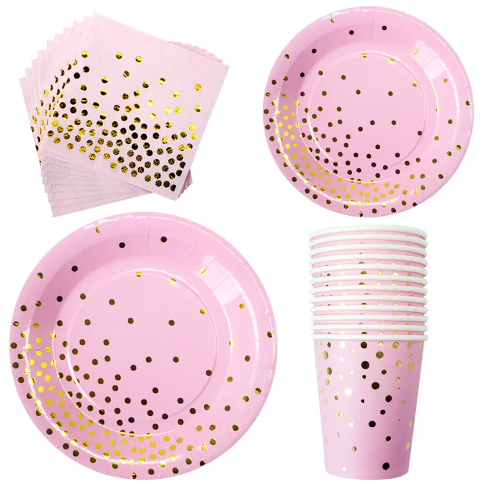 

Pink Gold Dot Plates Cups Napkins Disposable Tableware for Happy Birthday Party Supplies Wedding Bronzing Dot Party Favors