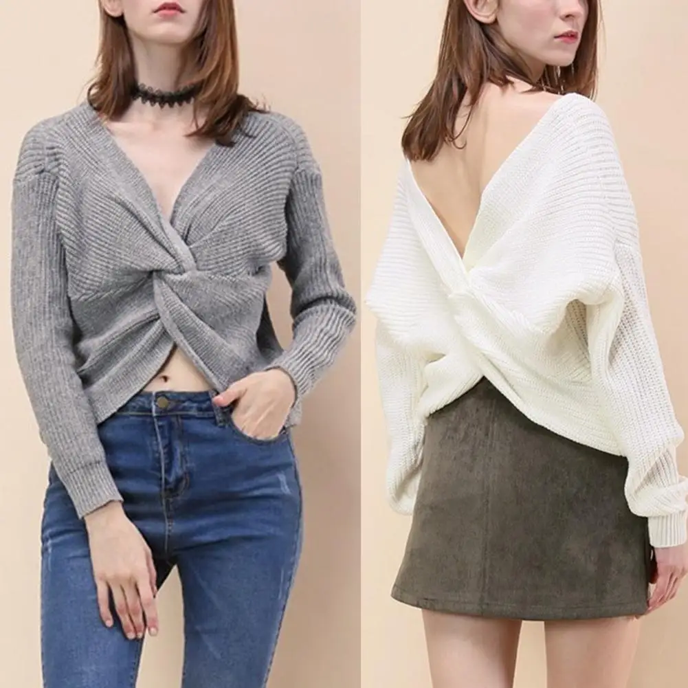 New Sexy Solid Color V Neck Twisted Back Knot Sweater Women Long Sleeve Jumper Pullover One Size Loose Warm Hand-wash | Женская одежда