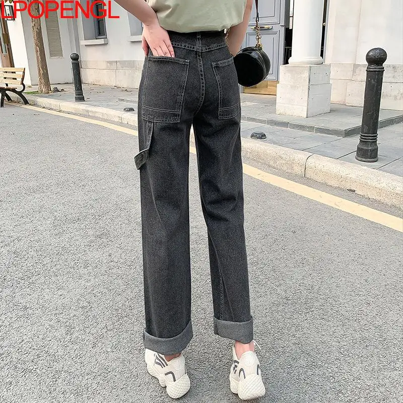 

Spring Ladies Retro High Waist Jeans 2021 New Casual Loose Korean Style Trousers Cotton Material Large Size Solid Color