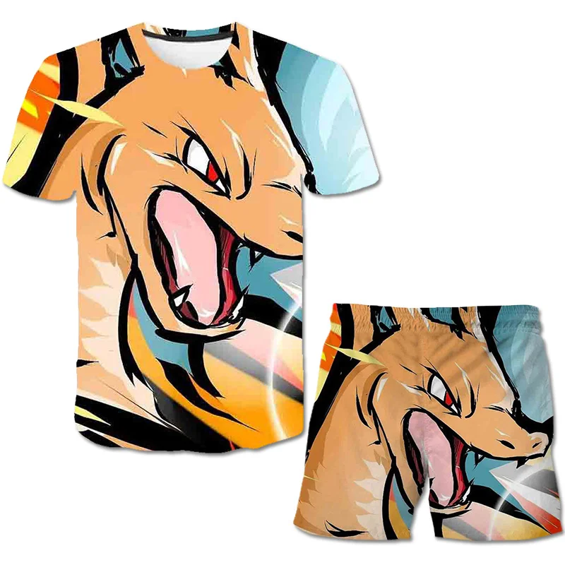 

Boys Girls Clothes Set Cartoon japan Anime Pikachu T-shirt Tops+shorts Summer Teen Casual Print 3D Outfits Unisex Kids Clothing