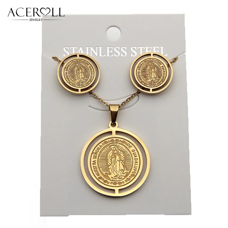 

ACEROLL Steel Catholic Earring And Pendant Necklace With Round Medal Of Virgin Mary And Lady Of Guadalupe For Christian