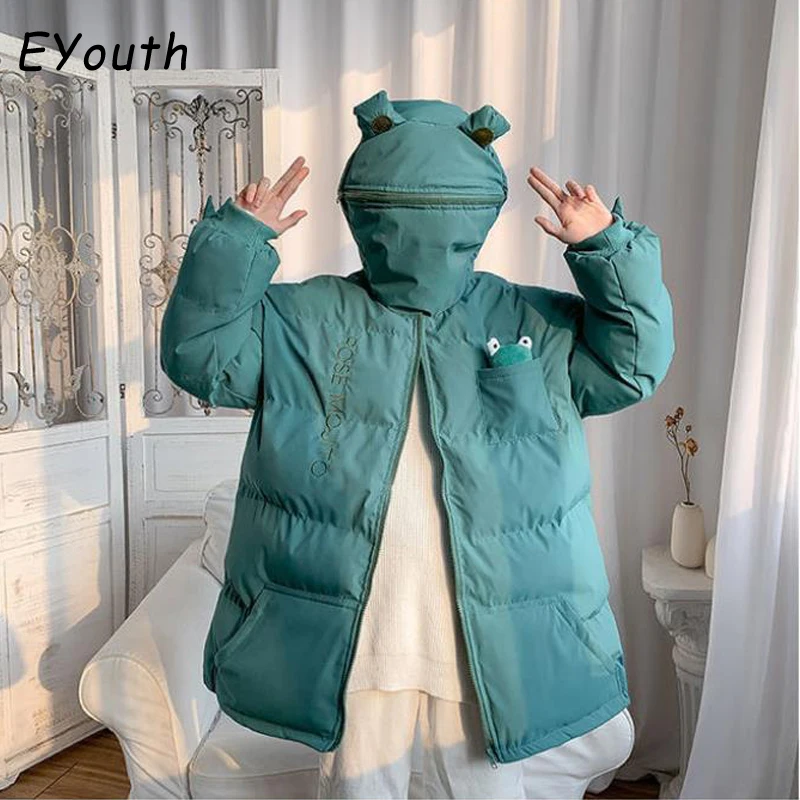 

Женская верхняя одежда в стиле Харадзюку, плотное Стеганое пальто с лягушкой, пальто с набивкой хлеба ручной работы, куртка с капюшоном, нов...