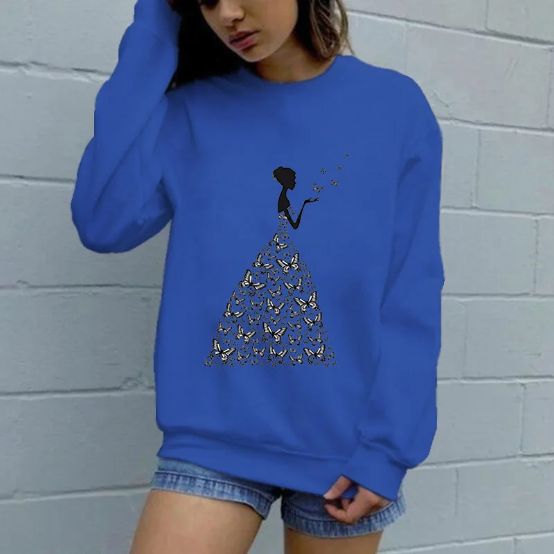 

Women Hoodie Butterfly Girl Printed Hoodies Women Fleece Long Sleeve O Neck Loose Sweatshirt Girls Pullovers Winter