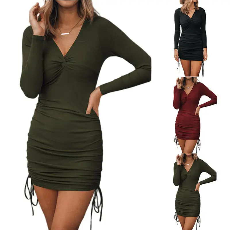 

Womens Long Sleeve V Neck Short Dresses Solid Lace Up Slim Bodycon Dress Casual