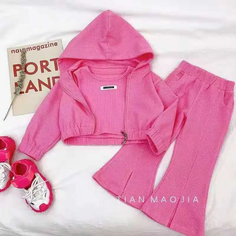 

Girls' Spring Autumn Clothes Sets 2022 New Baby Girls Vest Zipper Jacket Fashionable Flares Pants Three-piece Suit For Children