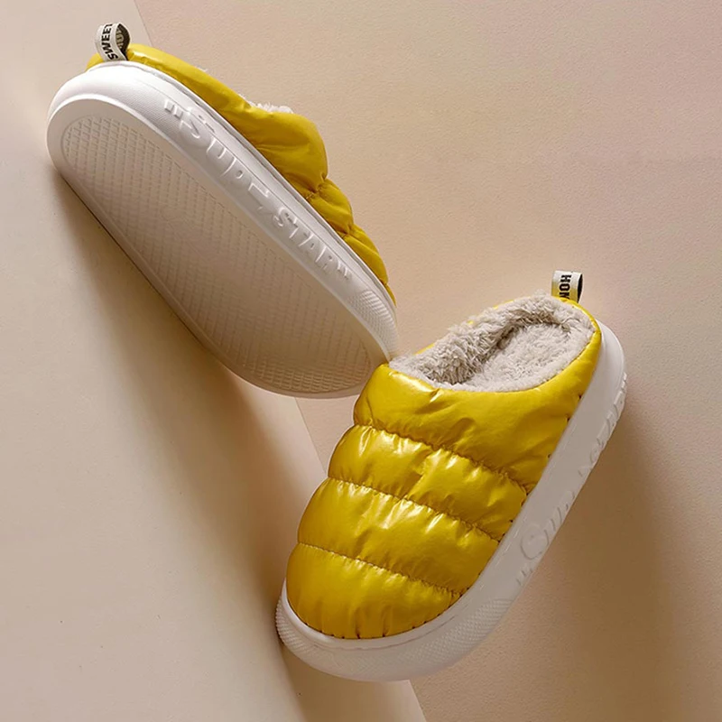

House Slippers Men Winter Waterproof Warm Plush Female Shoes Indoor Home Thick Sole Non-slip Solid Couple Slippers Down Cloth