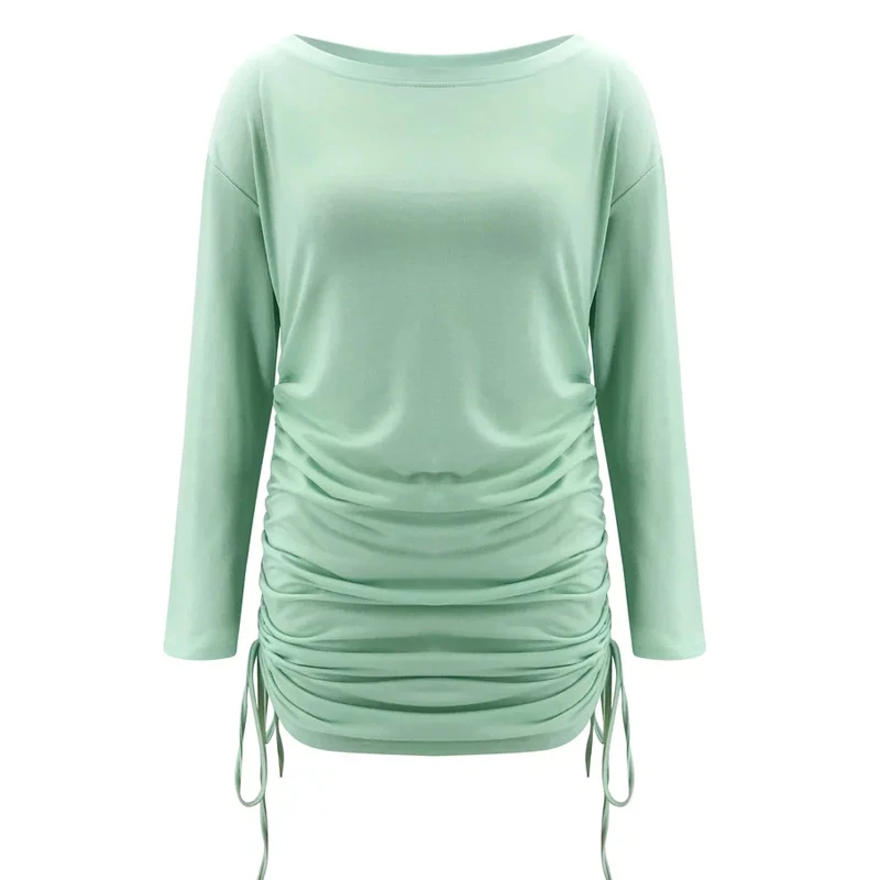 

Fashion Women's Solid Color Pencil Dress Shrinkage Drawstring Design O-Neck Long Sleeve Slim Autumn Pullovers Mini Dresses 2020