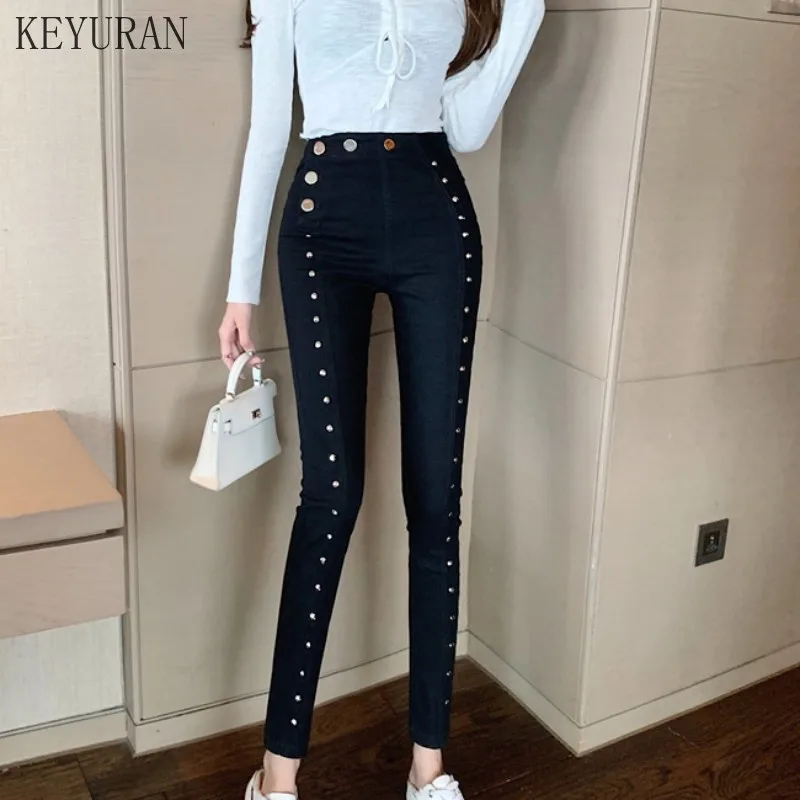 

2021 Autumn Heavy Industry Rivet Black Women Denim Pencil Pants High Waist Jeans Sexy Slim Skinny Trousers Fit Lady Casual Jeans