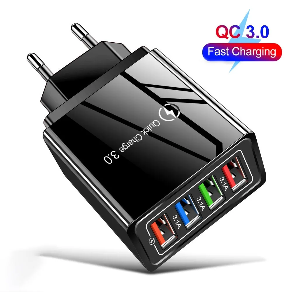 

QC3.0 4 USB Fast Charger Multiport Ports 4.1 A EU Wall Charger Portable Travel Android Quick Charging Adapter for iPhone