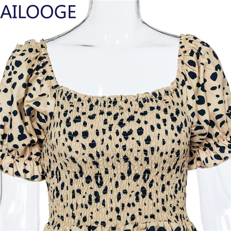 

2021 Spring Sexy Side Split Party Vestidos Robe Women Summer Dress Leopard Print Puff Sleeve Square Collar Beach Midi Dress