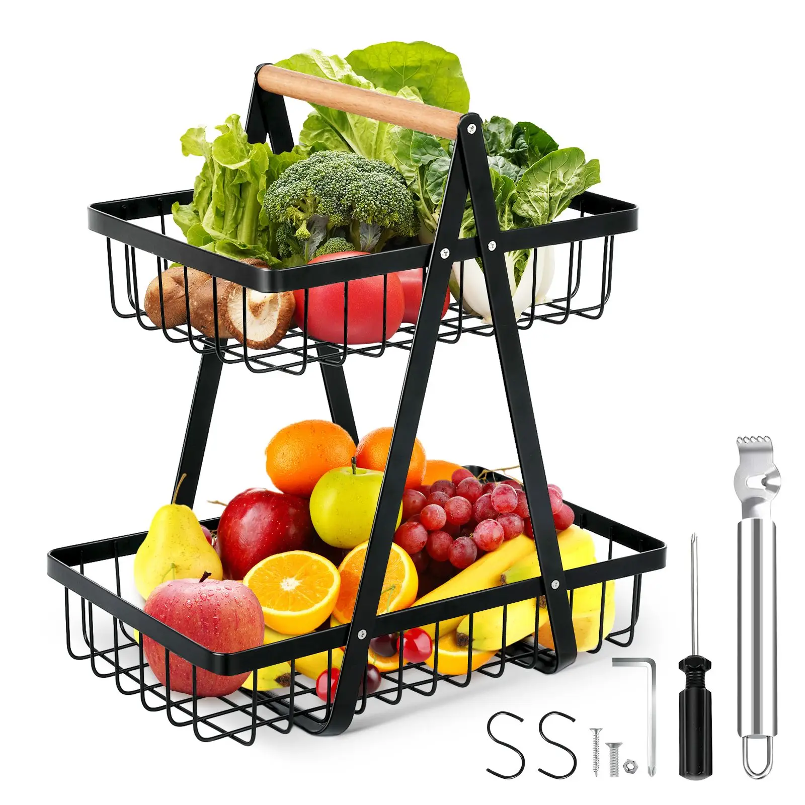 

2-Tier Fruit Basket Metal Portable Vegetable Holder Detachable Kitchen Snacks Storage Stand Rack For Countertop Organizing