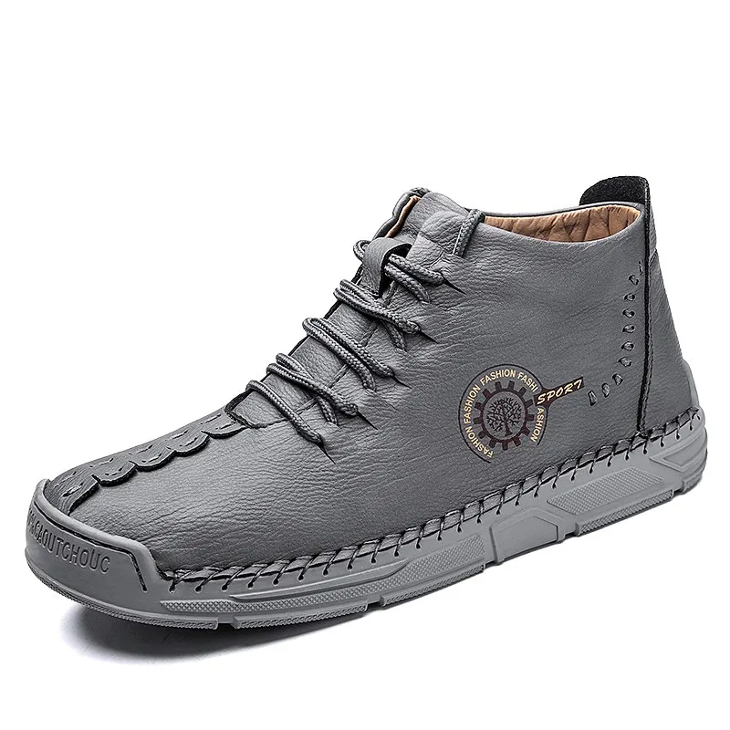 

Outdoor Leather Sneakers Men High Top Mens Work Shoes Big Size Handmade Sewing Leather Casual Shoes Durable Rubber Outsole Shoes