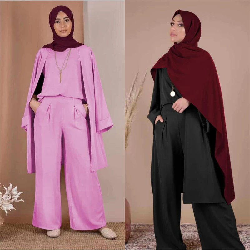 Модная скромная одежда из 3 предметов в арабском стиле для женщин, abaya cardgan+ рубашки+ штаны, мусульманская одежда, комплект, женский костюм в западном стиле, исламский
