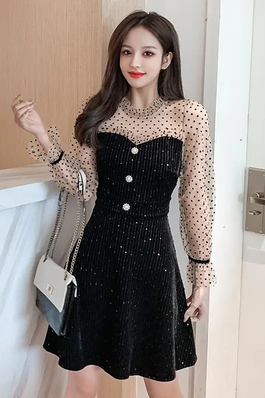 

COIGARSAM Patchwork Women dress Spring Polka Dot Sequins Mesh Dresses Black 0955