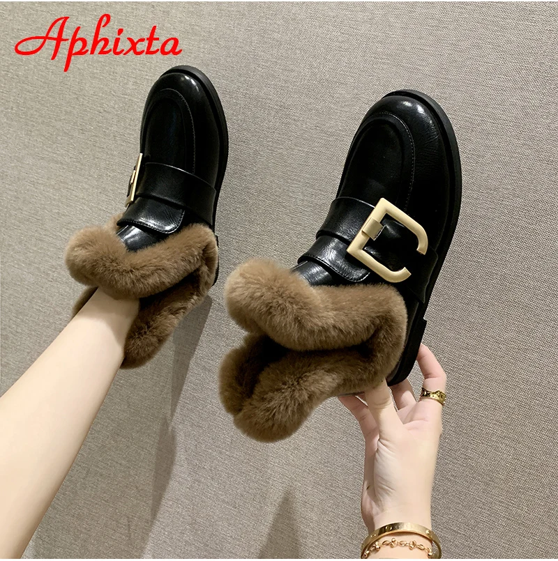 Aphixta; Новинка года; женские ботинки с пряжкой; женская кожаная обувь на меху; теплая плюшевая зимняя новая женская обувь; модные зимние ботинки