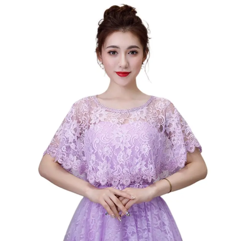 

2021 Womens Vintage Full Floral Lace Cape Wrap Round Neck Crochet Sheer Shawl Shrug Solid Color Summer High Low Bridal Capelet