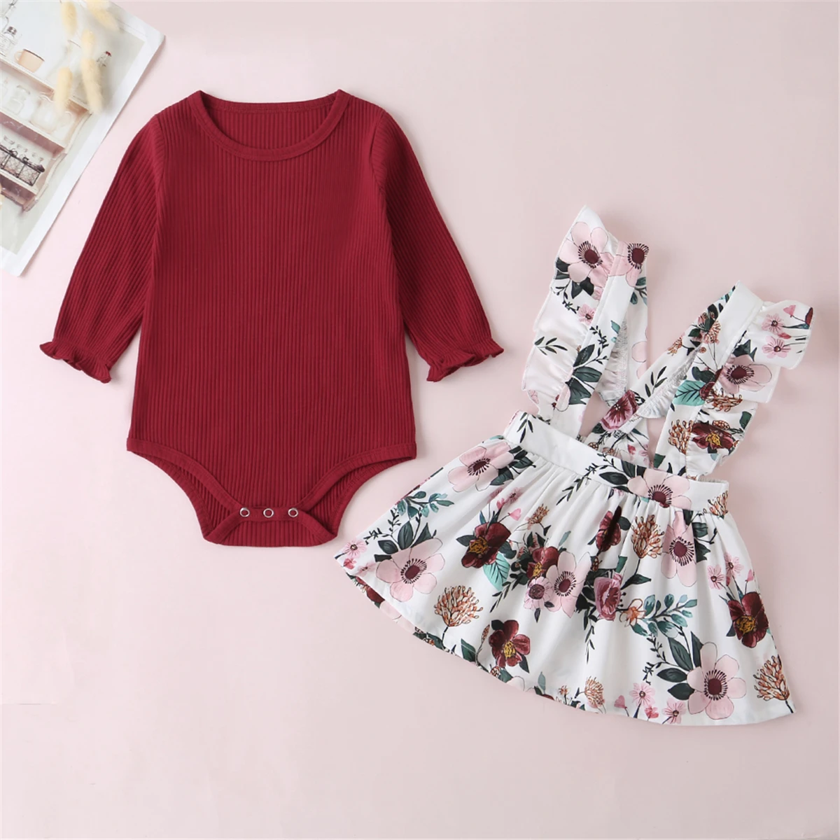 

2020 Autumn Baby Girls Clothing Set Toddler Solid Color Long Sleeve O-neck Knitted Bodysuit + Floral Print Suspender Skirt 0-18M