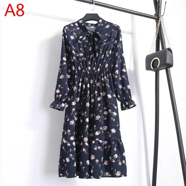 TS8010-A8 Корейская черная рубашка Vestidos для офиса в горошек, винтажные осенние платья, Женское зимнее платье, миди платье с цветочным рисунком и длинным рукавом для женщин - Цвет: TS8010-A8