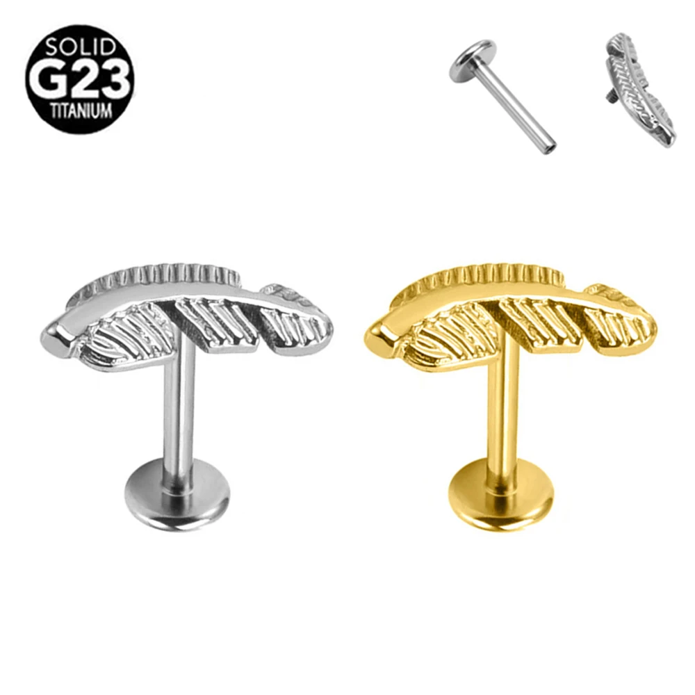 

100% ASTM F136 Titanium Feather Labret Piercing 16G Internal Thread Earring Stud Cartilage Helix Body Jewelry for Women Men