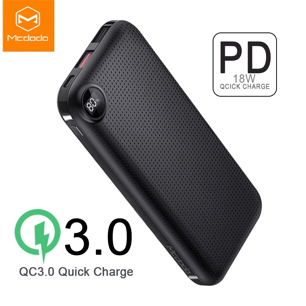 Mcdodo Power Bank 10000mAh PD 18 Вт с разъемом USB типа C для быстрой зарядки iPhone Xiaomi светодиодный