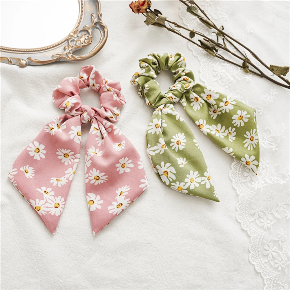 

Daisy Print Bow Streamers Scrunchies For Women Girls Elastic Hair Bands Ponytail Girls Hair Ties Rubber Bands Hair Accessories