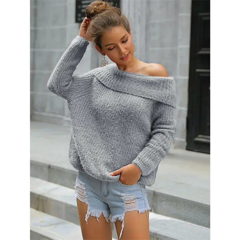 Women's Sweater Solid Long Sleeve Kintted Off Shoulder Baggy Ladies Tops Loose Oversized Pullover Autumn Outfits | Женская одежда