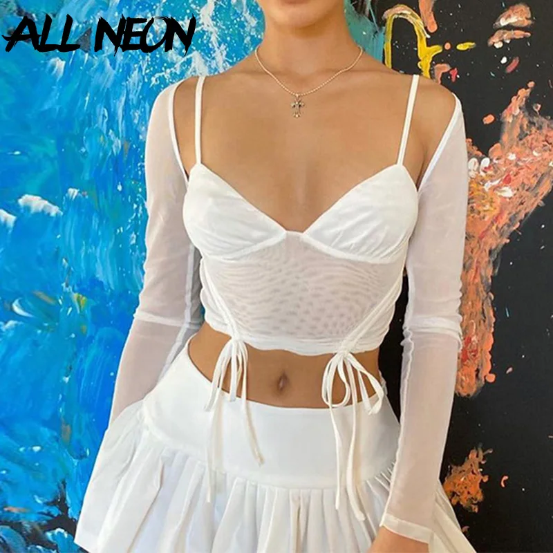 

ALLNeon Y2K Aesthetics Drawstring Open Shoulder White Mesh Tops 2000s Fashion Sexy Square Collar Long Sleeve Crop T-shirts Women