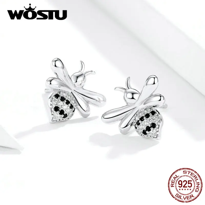WOSTU Little Bee Stud Earrings 100% 925 Sterling Silver For Women Wedding Animal Small Fashion Party Jewelry FIE749 | Украшения и