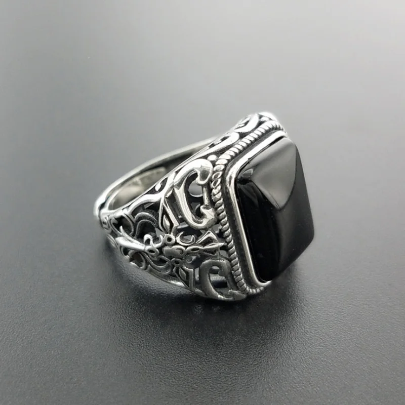 

Мужские кольца из стерлингового серебра 925 пробы, с натуральным черным ониксом, квадратной формы, С Вырезанным крестом и цветком, винтажные, ...