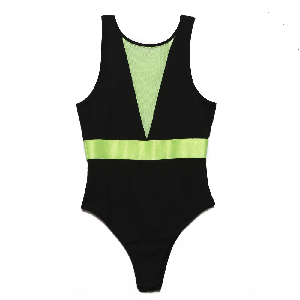 

UVRCOS Body Woman One Piece Sexy Patchwork Color Mesh See Through Bodysuit Underwear 2021 Summer Fashion Bar Clubwear Clothing