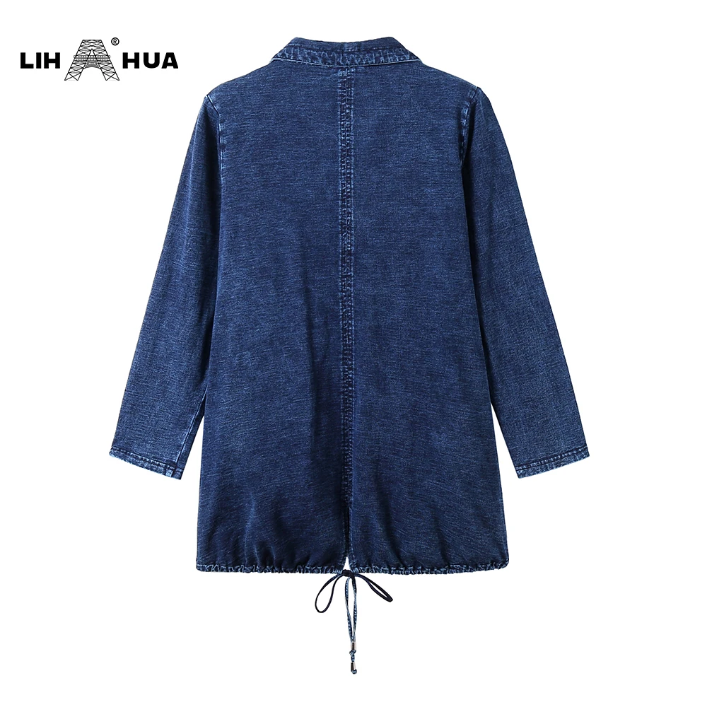 

LIH HUA Women's Plus Size Casual Long Style Slim Denim Jacket for Woman Premium Stretch Knitted Denim with Shoulder Pads
