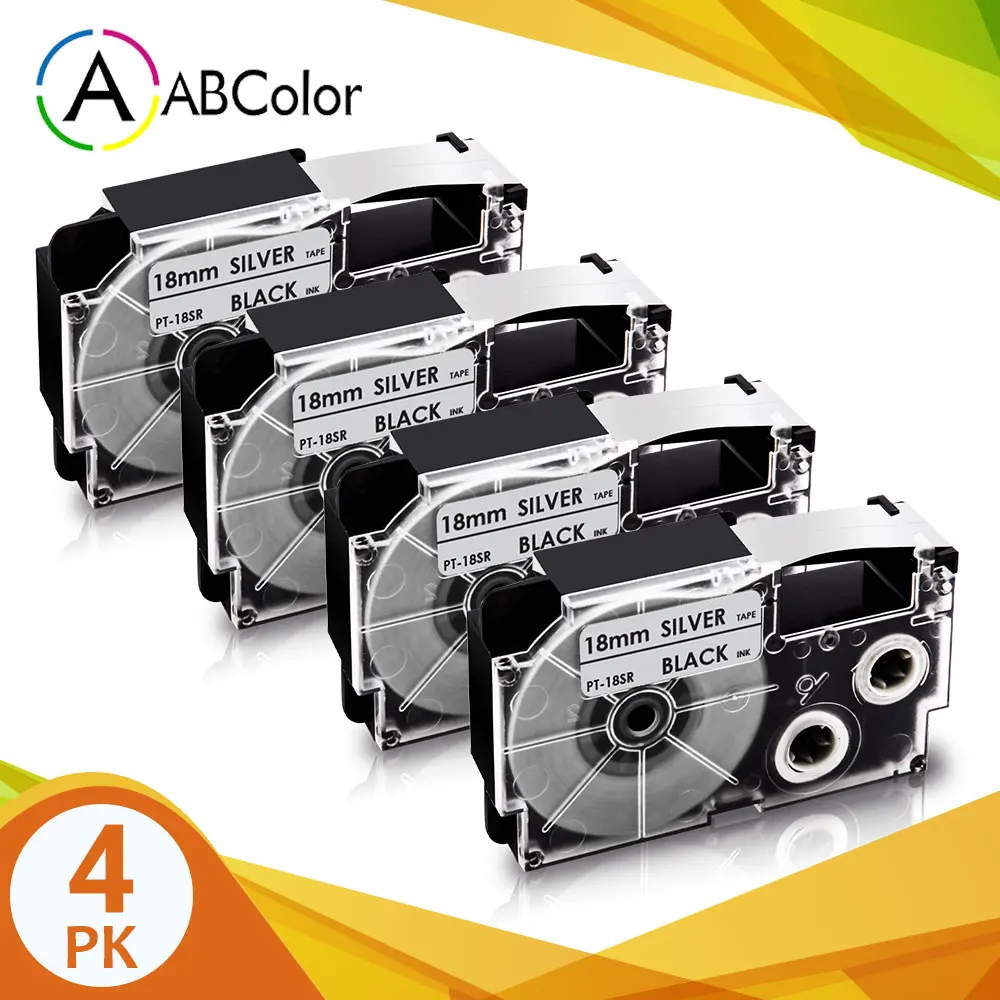 

4Pcs XR 18SR Tape for CASIO XR-18SR 18mm Label Tape Black on Silver XR-18SR Printer Ribbon For CASIO KL-300 KL-750 Label Maker