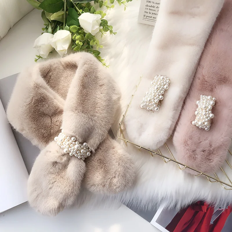 

Women Winter Warm Thicken Scarfs Solid Color Faux Fur Plush Cross Collar Scarf Shawl Solid With Pearl Elegant Warm Hot