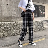 houzhou korean style wide leg pants women thin summer plaid pants plus size women trousers oversized checkered pants high waist