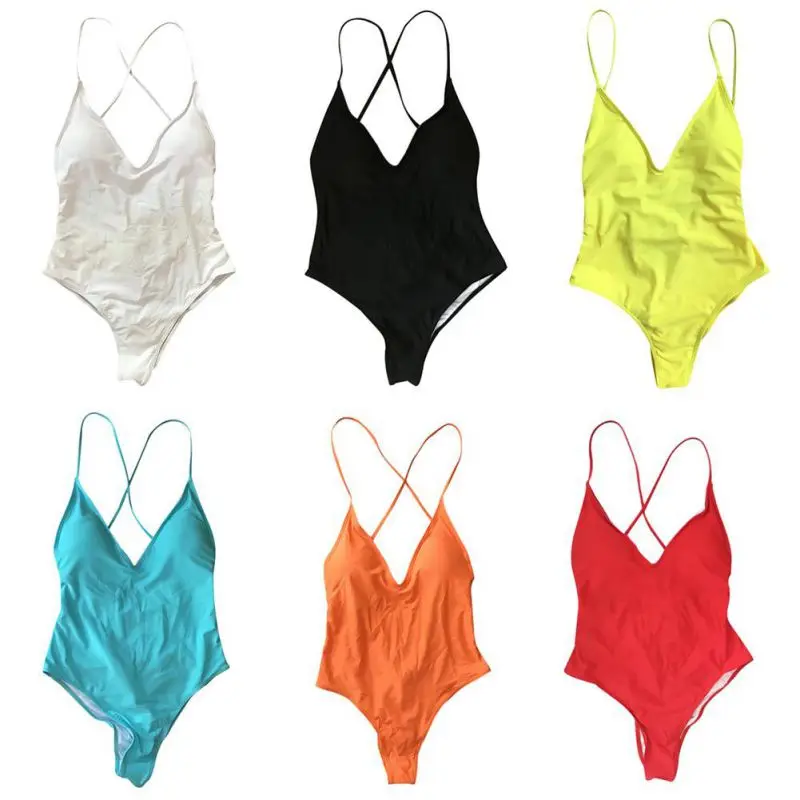 

Women Solid Color Swimwear Suit Sexy High Cut One Piece Swimsuit Backless Swim Suit Thong Bathing Set