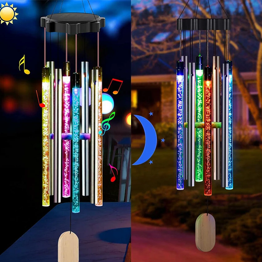 Solar Color Changing LED Light 8 Tubes Wind Chime Outdoor Windchime Lamp Garden Yard Hanging Decor Waterproof
