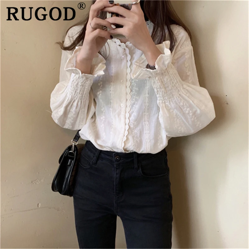 RUGOD, элегантная белая женская блузка с вырезами, Корейская, с оборками, v-образный вырез, рукав-фонарик, милые рубашки, повседневные топы с цветочным принтом
