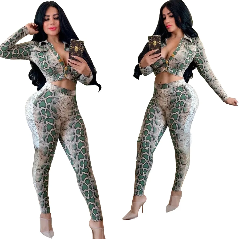 

Autumn 2021 Two Piece Sets Womens Outfits Streetwear Sexy Deep V-neck Snake Print Show Waist Skinny Sets Womens Outfits