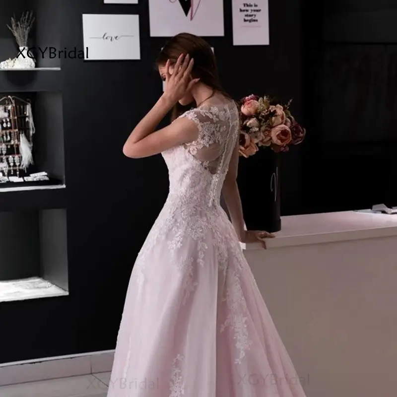 

New Arrival A Line Elegant Wedding Dress Sleeveless Lace Applique Pink Bridal Gowns Vestido De Noiva Renda