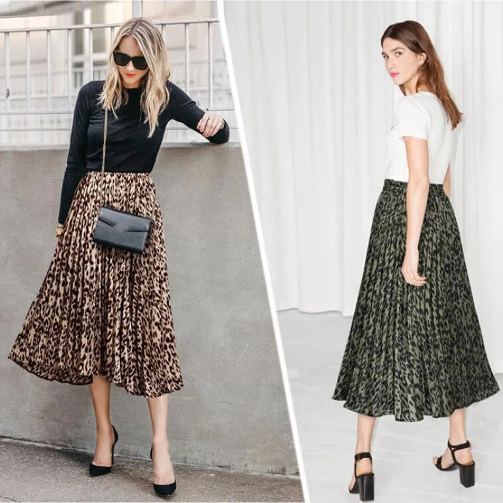 

Midi Long Skirts Womens Evening Party Layered Pleated Skirt Big swing Summer Loose High Waisted Leopard Printed Skirts#0207