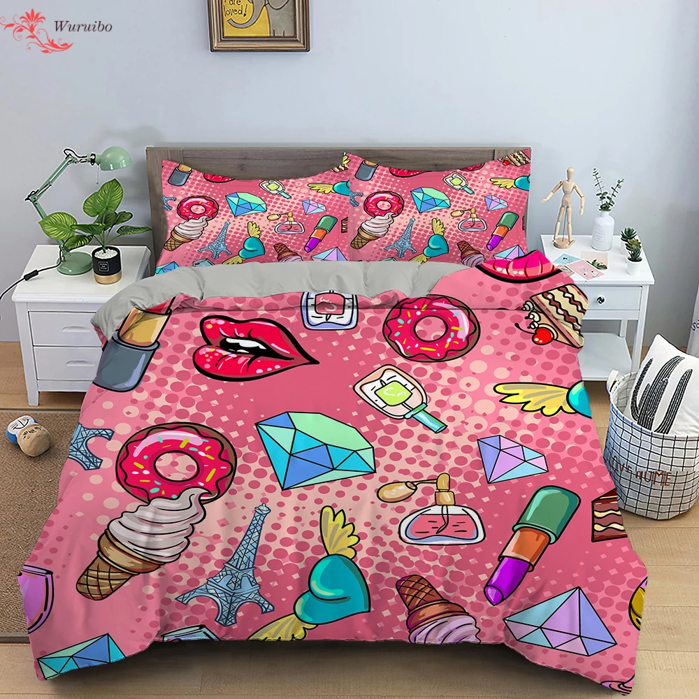 

Girlish Makeup Lipstick Bedding Set Neon Lights Cosmetic Pink Duvets Cover Girls Women Gift Home Bed Cover Set Bedclothes 2/3Pcs