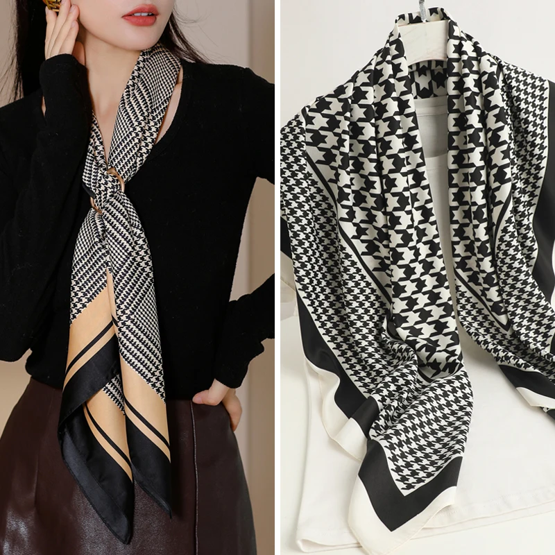 

Elegant Twill Plaid Satin Silk Scarf Hijab for Women Square Headband Neckerchief Hair Wrap 2021 Fashion Bandana Foulard 90*90cm