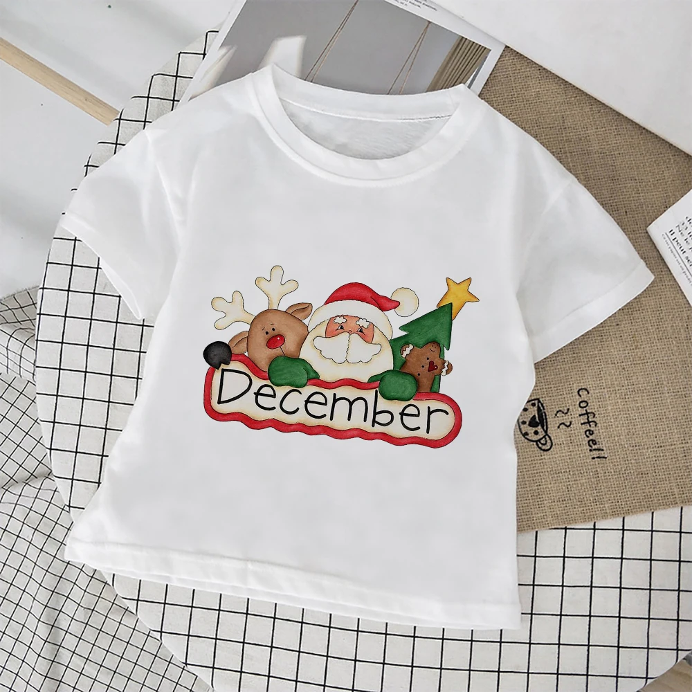 

December Merry Christmas T-shirt Oversize Cute Santa Claus Print Kids Clothes Basic White Tops Home Casual T Shirt Children