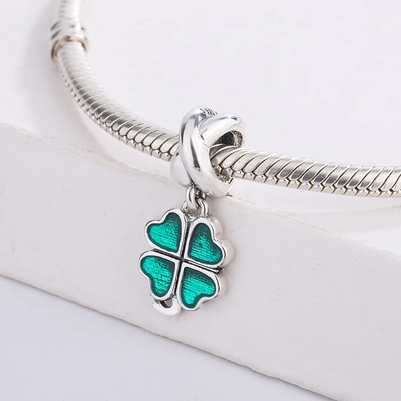 

925 Sterling Silver Green Enamel Heart-Shaped Four-Leaf Clover Pendant Charm Bracelet Jewelry DIY Making For Original Pandora
